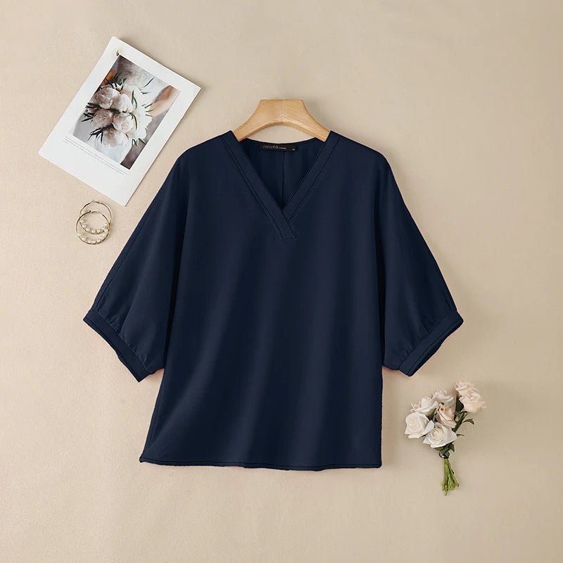 ZANZEA Contrast-Stitch V-Neck 3/4 Lantern Sleeve Blouses for Woman Casual Loose Pullover Tops Summer Daily Casual Blusa de Mujer