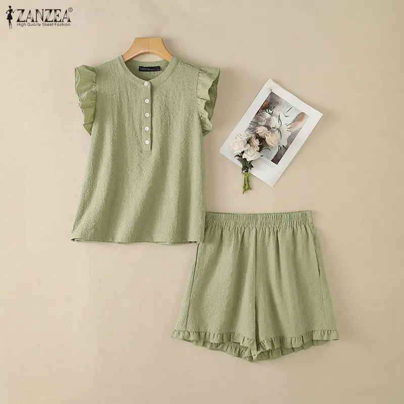 ZANZEA Women's Seersucker Grid Short Sets Ruffles Sleeves Tops & Elastic Waist Shorts 2-Piece Sets Summer Casual Daily Co-ords