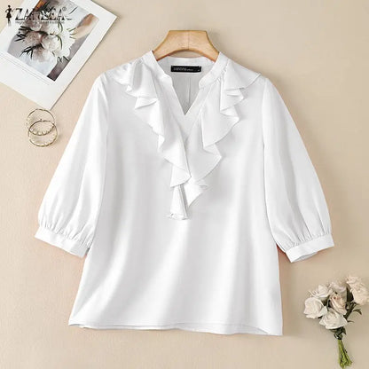 ZANZEA Women Ruffles Blouses Summer 3/4 Sleeve Tops Solid Color Fashion Tee V Neck Blusas Streetwear OL Work Tunic Female