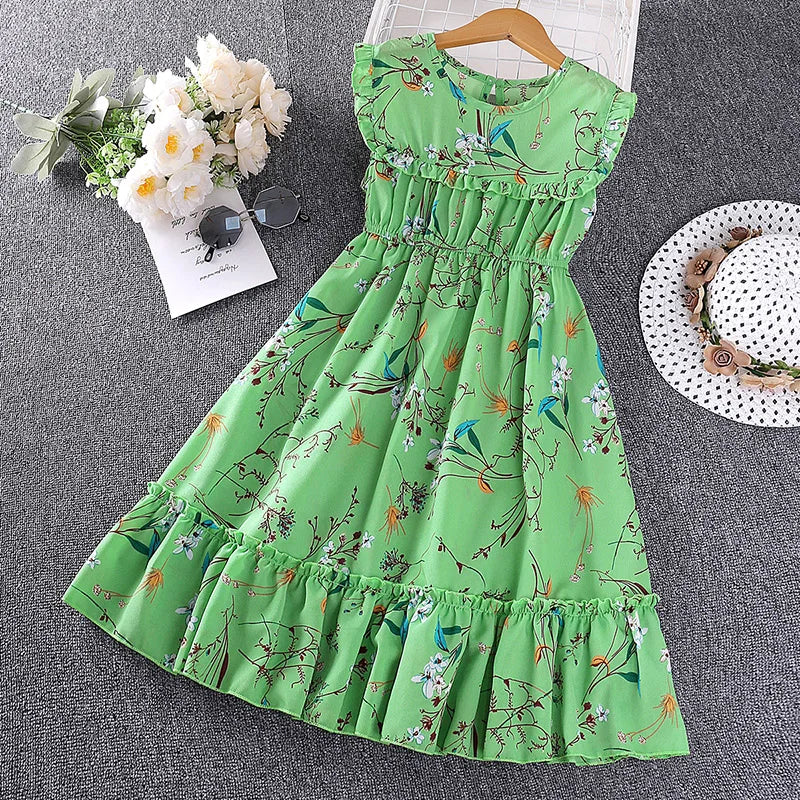 Children Girls Summer Casual Sleeveless Dress 5-12T Crew Neck Floral Dress Cool Breathable Princess Dress Kids Daily Clothes