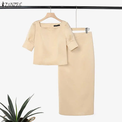 ZANZEA Women's Elegant Satin Skirt Sets Square Neck Short Puff Sleeve Crop Tops & Maxi Skirts 2 Pieces Suits Classy Party Outfit