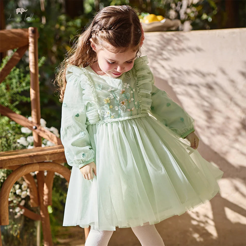 Dave Bella Baby Girl Dress Children Princess Dresses Spring Autumn Kids Clothes Green Charm Mesh Elegant Outdoor Party DB1260177