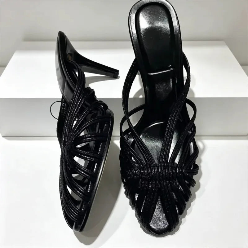 Golden Hollow Muels Sandals Women Sexy Thin High Heels for Ladies Elegant Gladiator Sandals Summer Comfortable Women Slippers