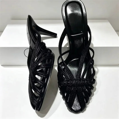Golden Hollow Muels Sandals Women Sexy Thin High Heels for Ladies Elegant Gladiator Sandals Summer Comfortable Women Slippers