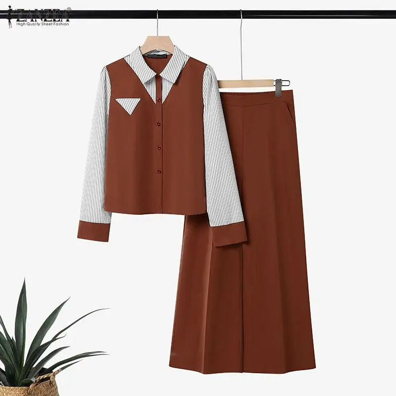ZANZEA Autumn Stripe Patchwork Long Sleeve Blouse Wide Leg Pants Sets Women Muslim Two Piece Suit Elegant Modest Ramadan Outfits