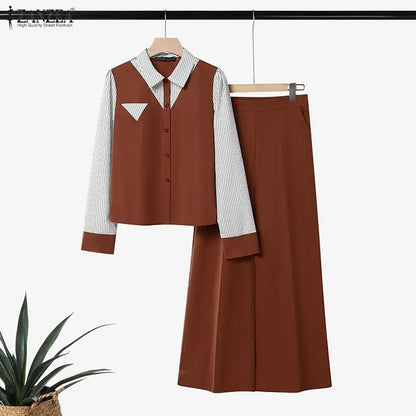 ZANZEA Autumn Stripe Patchwork Long Sleeve Blouse Wide Leg Pants Sets Women Muslim Two Piece Suit Elegant Modest Ramadan Outfits