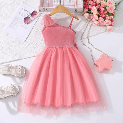 Pink One-Shoulder Tulle Dress for Girls - Spaghetti Strap, Pearl Bow, Romantic Cute