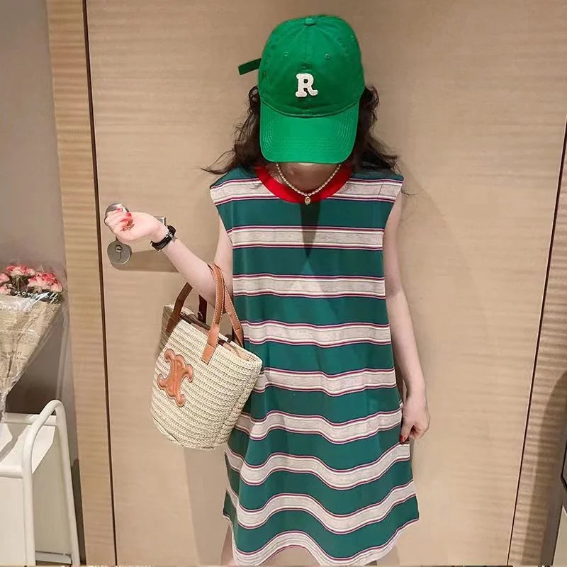 Striped Long T-shirt Children's Stylish Sleeveless Dress Vest Skirt Kids Girls Dresses 10 12 Years Old Teenager Elegant Sale 6 8