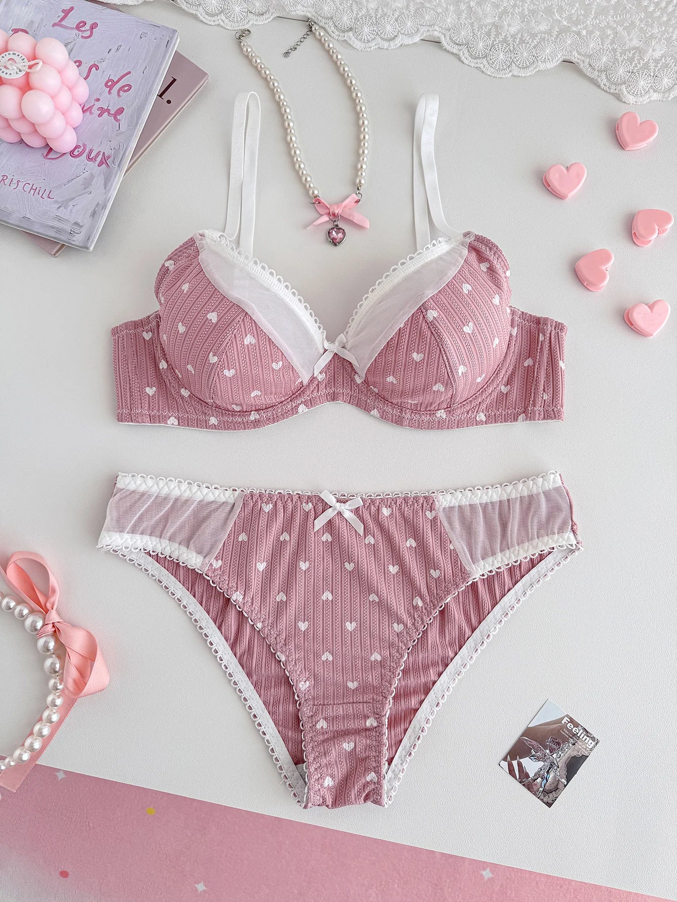 Women Pink Heart Print Lingerie Set Lace Mesh Trim Underwire Bra & Panties Soft Comfort Daily Intimates