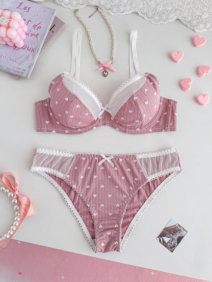 Women Pink Heart Print Lingerie Set Lace Mesh Trim Underwire Bra & Panties Soft Comfort Daily Intimates
