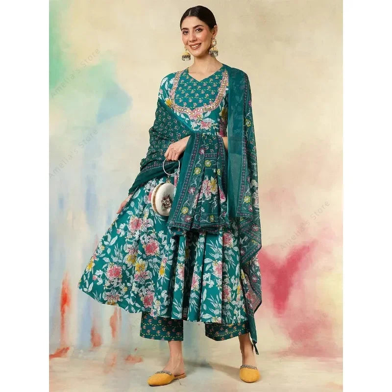2025 New Indian Traditional Ethnic Embroidered Print 3-Piece Set Women's Outfit Green Cotton Mid-Long Kurta Daily Festival Wear
