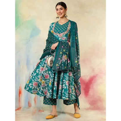2025 New Indian Traditional Ethnic Embroidered Print 3-Piece Set Women's Outfit Green Cotton Mid-Long Kurta Daily Festival Wear