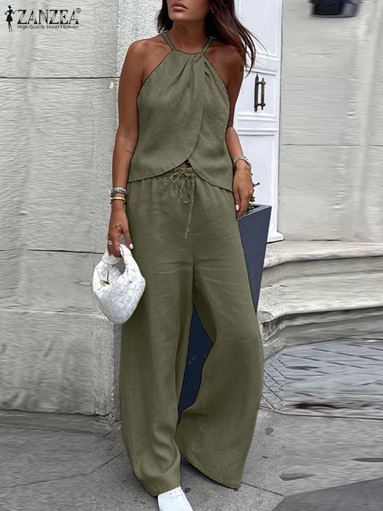 ZANZEA Women's Streetwear 2 Pieces Pant Sets 2026 Summer Fashion Sleeveless Halter Tops & Elastic Waist Pants Suits 2PCS Outfits