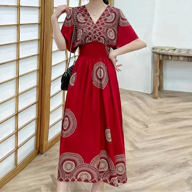 Casual Elegant Retro Bohemian National Style V-neck Elastic  Waist Large Swing Printed Summer Long Skirt Woman Dress Clothes