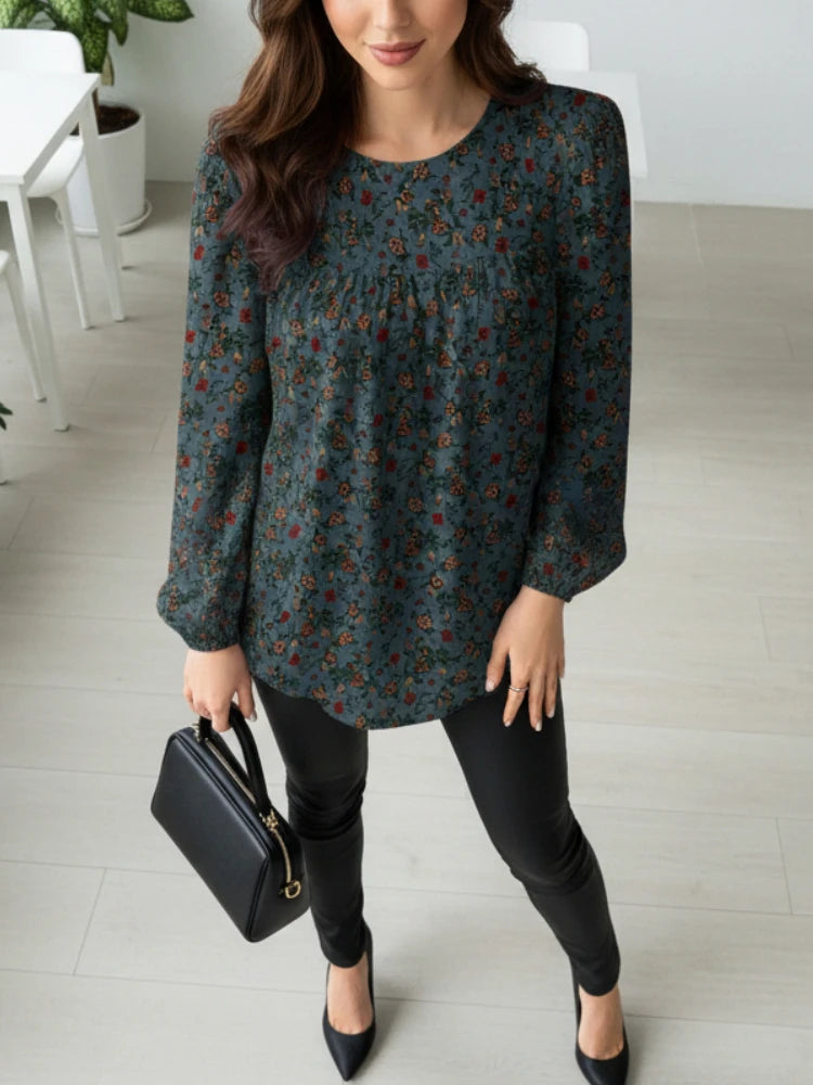 ZANZEA Women's Elegant Floral Blouses Autumn Cotton Linen Long Puff Sleeve O-Neck Gathered Loose Tops Casual Daily Woman Clothes