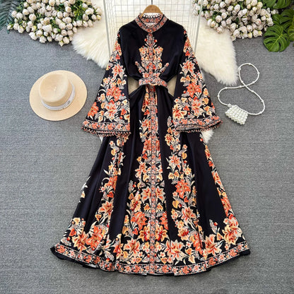 Spring Autumn Women's Dress Vintage Long Sleeve Print Floral High Waist Boho Party Maxi Vestidos Elegant Luxury Long Dresses