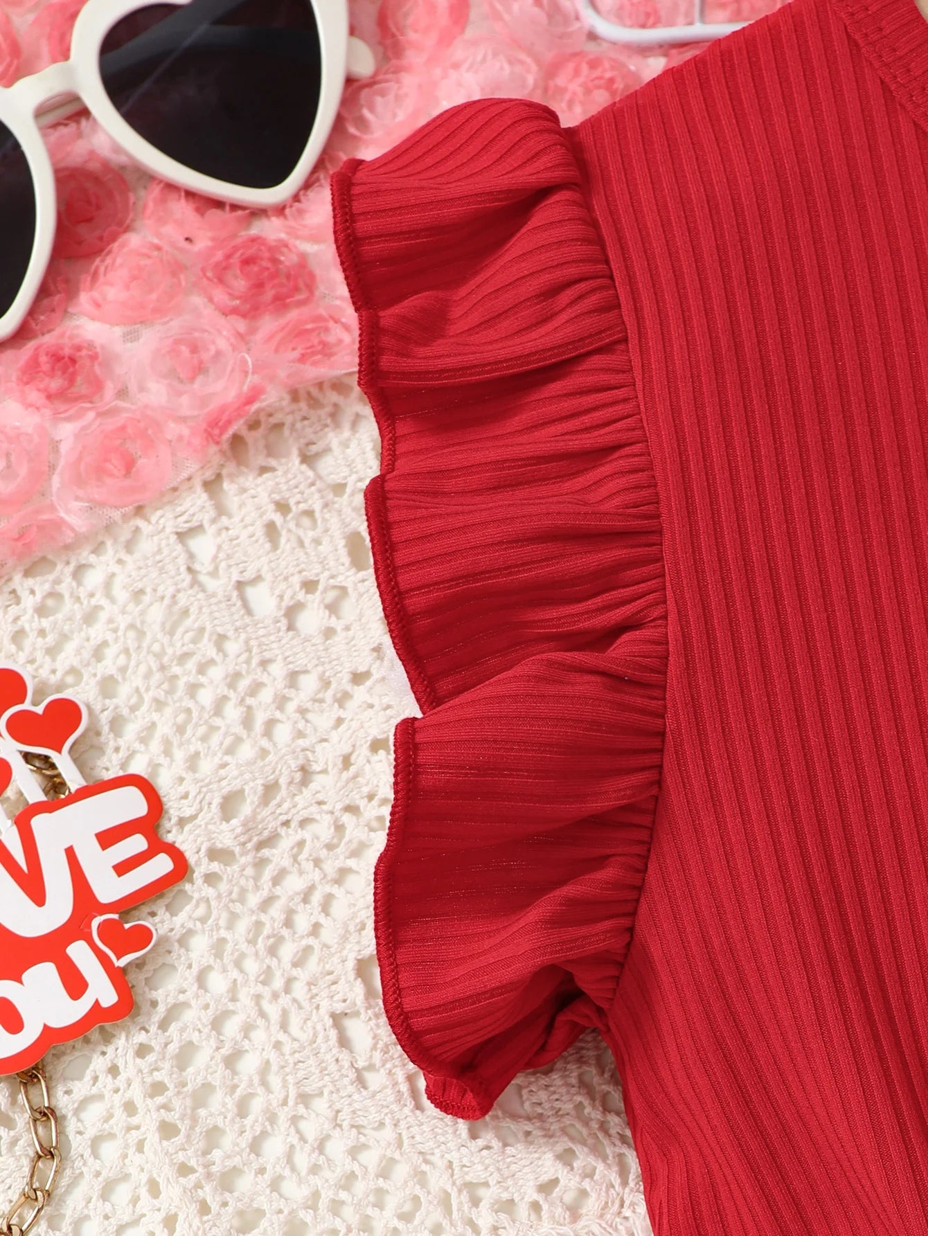 Girls Valentine's Day Dress Fashionable Comfortable Red round Neck Striped Mini Dress Heart Print Skirt for Kids