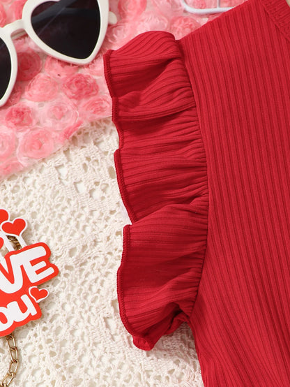 Girls Valentine's Day Dress Fashionable Comfortable Red round Neck Striped Mini Dress Heart Print Skirt for Kids