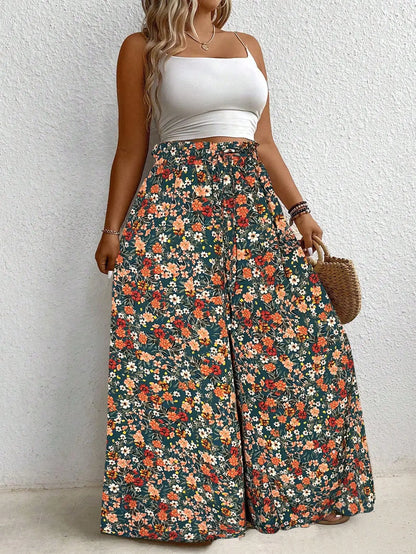 Plus Size Women's Clothing Loose Comfortable Commuting Casual Style Summer Printed Long Pants Elastic Waist Drawstring Draped Wide Leg Pants
