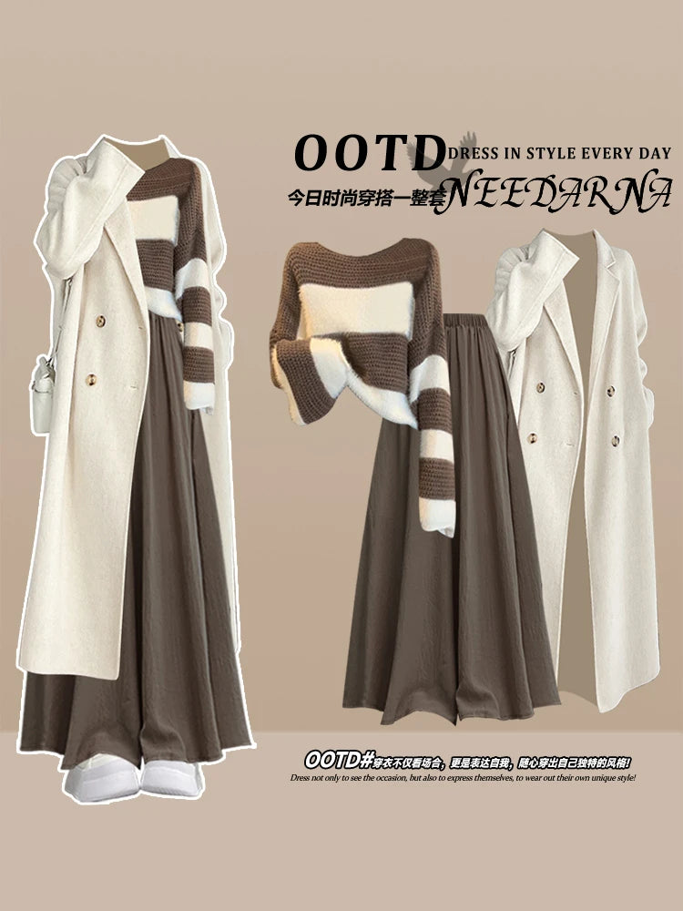 Fashion Women's Set Spring and Autumn Korean Edition Long Top Knitted Sweater+Casual Skirt Pants 3-Piece Set