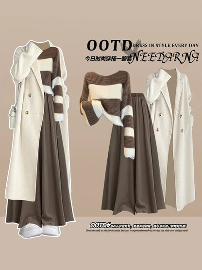 Fashion Women's Set Spring and Autumn Korean Edition Long Top Knitted Sweater+Casual Skirt Pants 3-Piece Set
