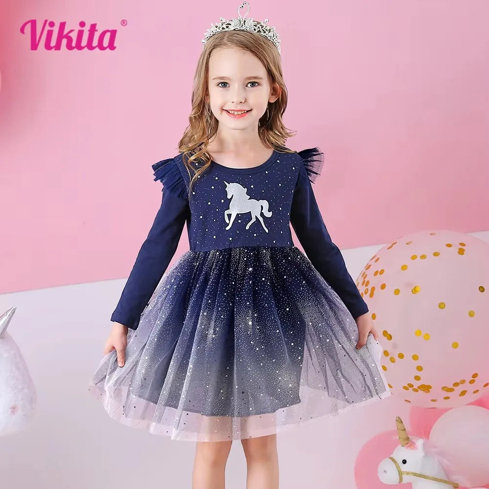 VIKITA Kids Unicorn Dresses for Girls Birthday Party Prom Gown Princess Dress Kids Long Sleeve Spring Autumn Dress Girl Clothes