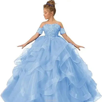 Dress for girls Party Flower Kids Ball Gown Tulle Off Shoulder Children Birthday Wedding Dresses First Communion Gown Clothing