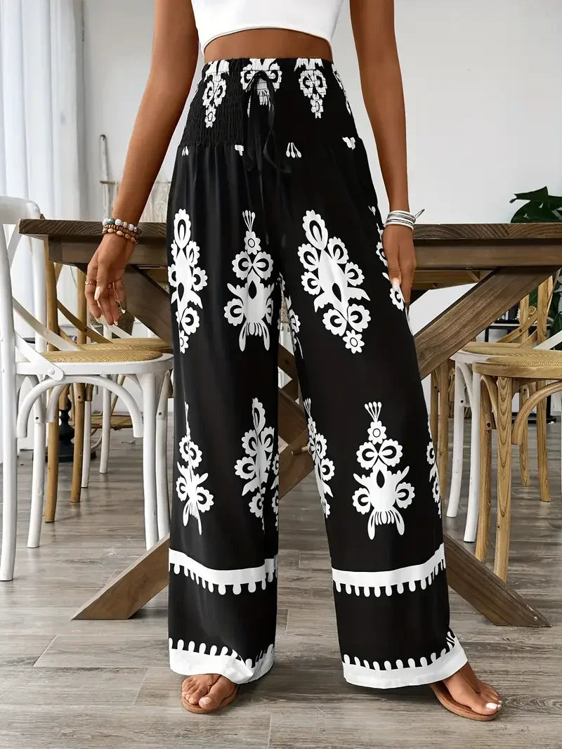 Women Fashion Plus Size 1XL-5XL Floral Print Wide Leg Pants Female Casual  Elegant Drawstring High Waisted Loose Long Trousers