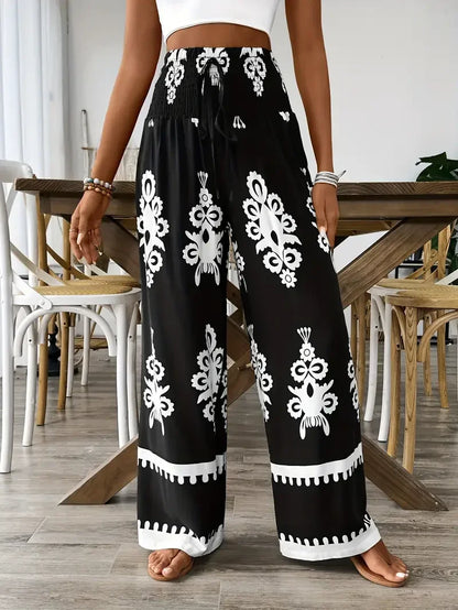 Women Fashion Plus Size 1XL-5XL Floral Print Wide Leg Pants Female Casual  Elegant Drawstring High Waisted Loose Long Trousers