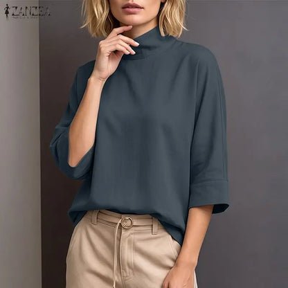 ZANZEA Woman Plus Size Blouses Casual Mock Neck 3/4 Sleeve Loose Solid Shirts Autumn 2026 Vintage Daily Wear Blusas Mujer 5XL