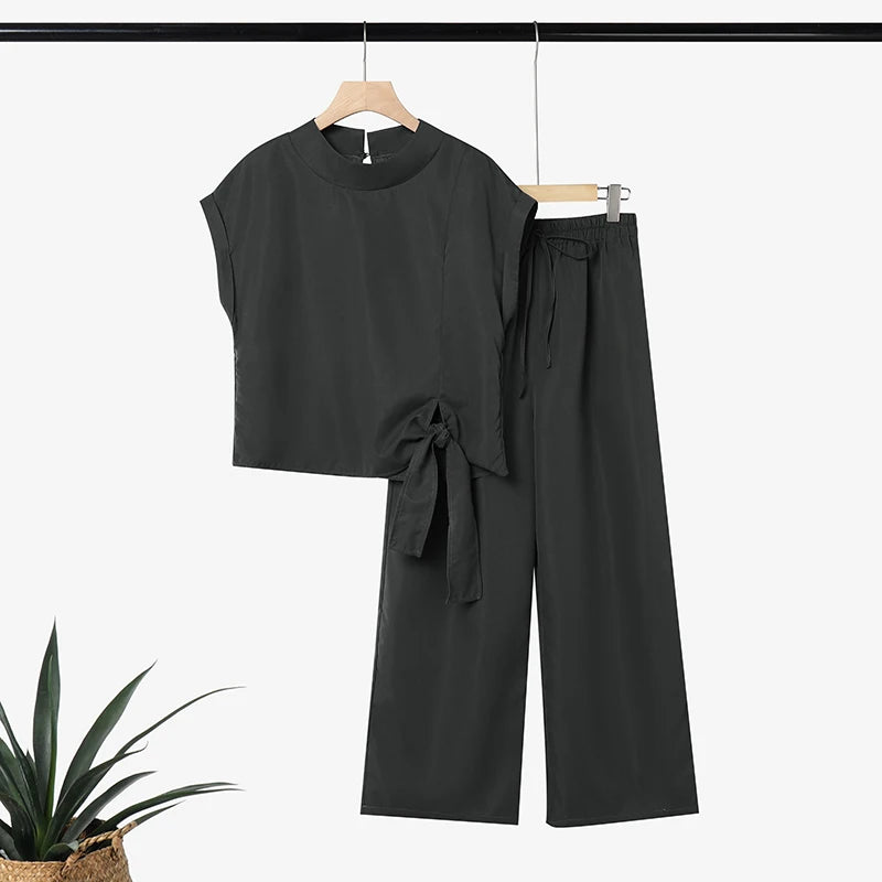 ZANZEA Women's Minimalist 2 Piece Sets Elegant Stand Collar Short Sleeve Blouse & Wide Leg Pant Suits Casual Pant Sets Outfits