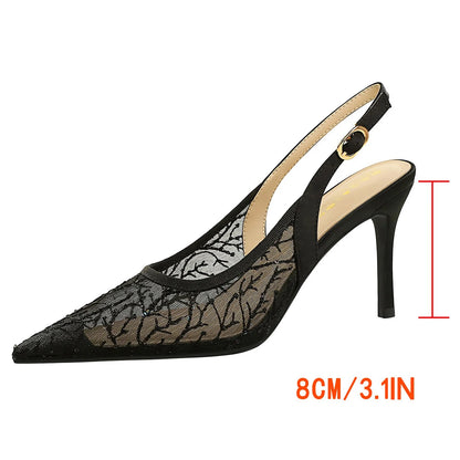 BIGTREE Shoes Lace Mesh High-heeled Sandals Women Shoes Summer Buckle Sexy Party Shoes Women Pumps Stiletto Heels 8 CM