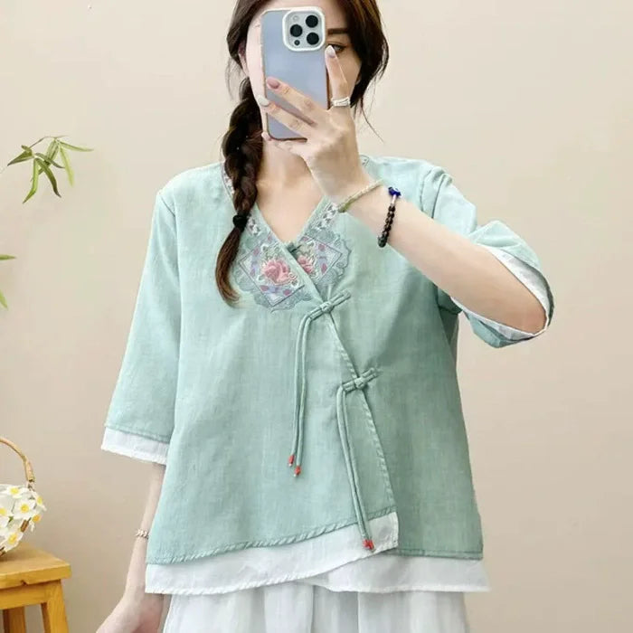Casual Loose Blouse Shirt Women Clothes Summer Cotton Linen Ladies Tops Tee Blusas Vintage Embroidery Woman Shirt Camiseta Mujer