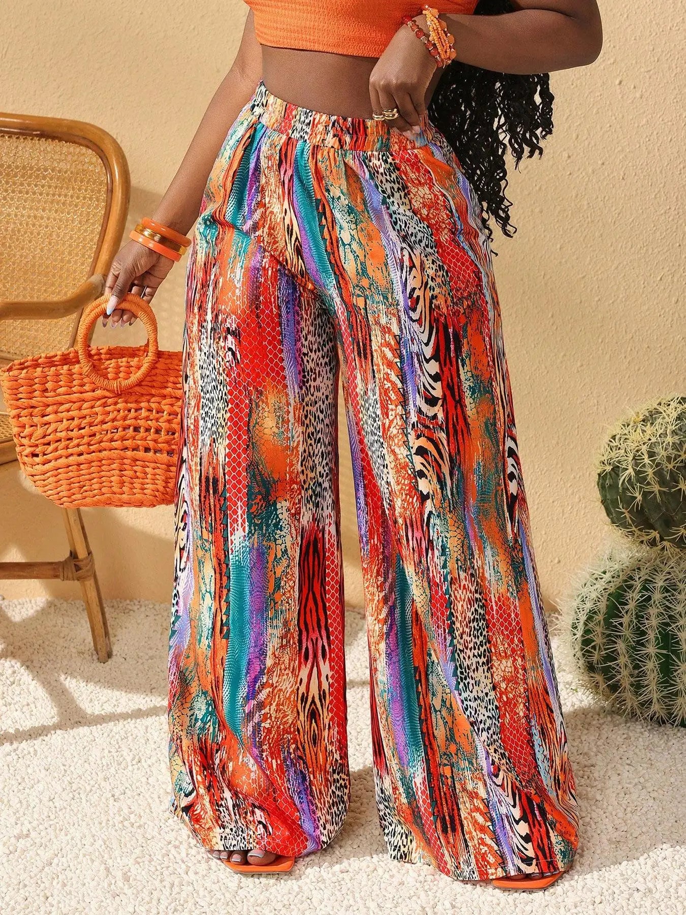 【Plus Size】 All Over Print Wide Leg Trousers, Boho Casual Pants for Daily Holiday Vacation Wear, Women's Bottoms for All Seasons