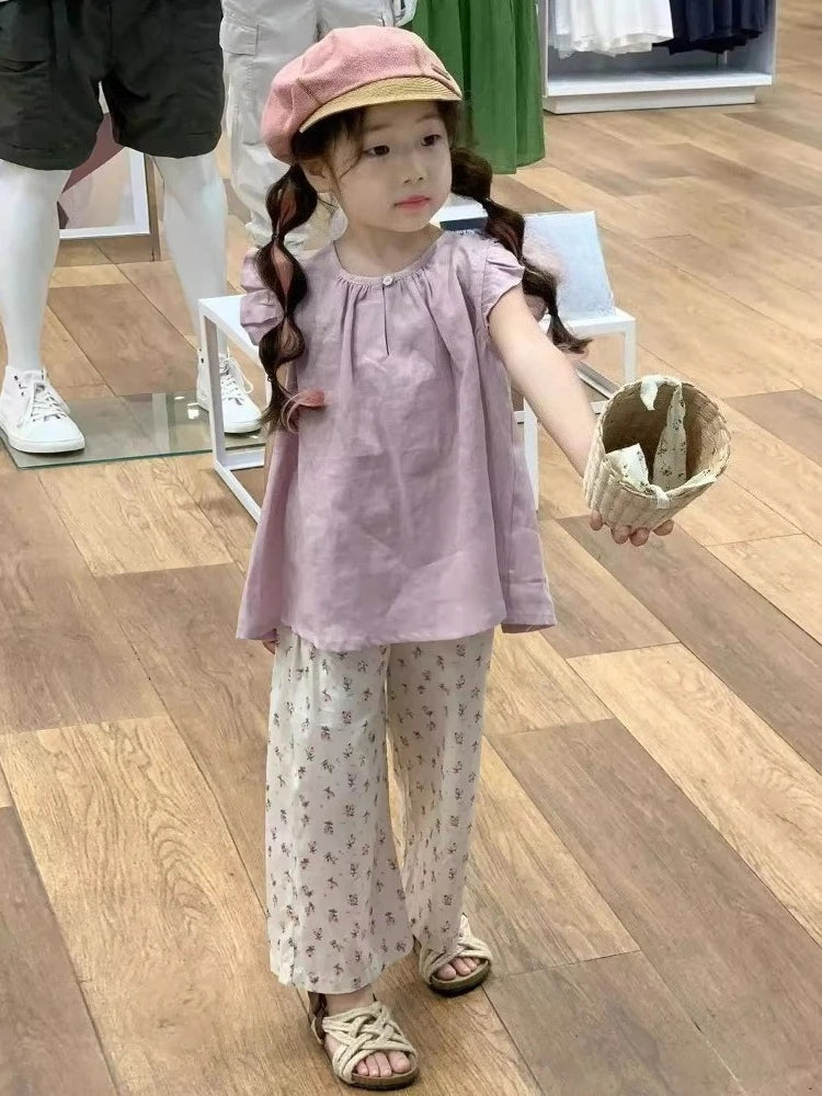 Girls Kids Puff Sleeve Top Wide Leg Pants Set 2026 New Fashion Sleeveless Babydoll Blouse 2 Piece Outfit for Summer