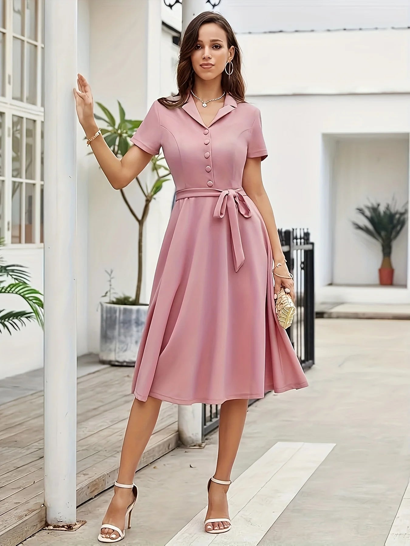 Women Summer Casual Short Sleeve Shirt Dress Pink Vintage Button Down Midi Dress with Belt Tie A Line Flare Dress Office Work