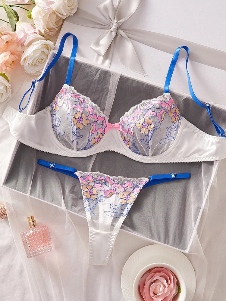 Women's Lingerie Sweet Floral Embroidered Lingerie Set Underwire Push Up Bra Panties Sets Elegant Mesh Underwear Soft Intimate