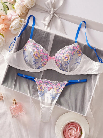 Women's Lingerie Sweet Floral Embroidered Lingerie Set Underwire Push Up Bra Panties Sets Elegant Mesh Underwear Soft Intimate