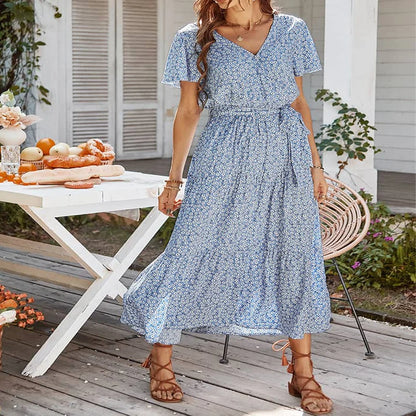 Plus Size Women's All-Over Printed Dress Holiday Style Layered Slit V-Neck Belted Dress