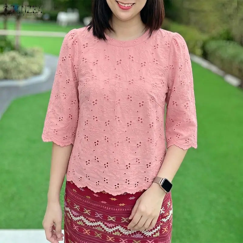 ZANZEA Women's Casual Openwork Blouses O-Neck Half Sleeve Embroidered Floral Patchwork Tops Summer Daily Wear Blusas de Mujer