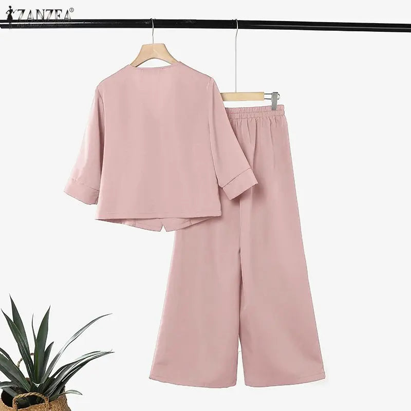 ZANZEA Fashion Women V Neck 3/4 Sleeve Blouse Wide Leg Trousers Two Pieces Pant Sets Casual OL Work Suit Solid Matching Sets