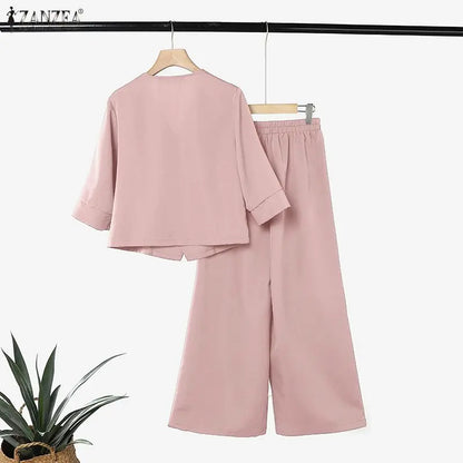ZANZEA Fashion Women V Neck 3/4 Sleeve Blouse Wide Leg Trousers Two Pieces Pant Sets Casual OL Work Suit Solid Matching Sets