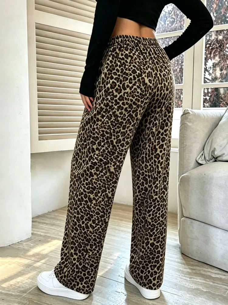 Y2K Womens Leopard Print Wide Leg Casual Pants Stretchy Fashion Retro Soft Straight Leg Leggings New Street Cool Feeling Bottoms