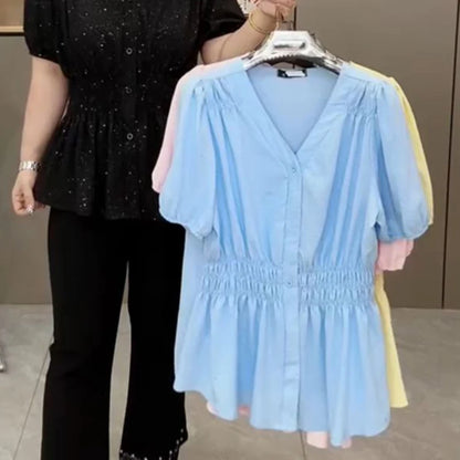 200 Pounds Plus Size Elastic Waist Summer Shirt And Blouse  Solid Top Women's New In Clothes Simple V-neck French