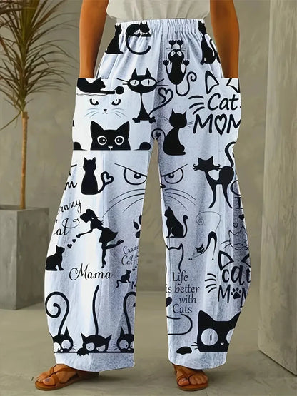 Women's Large Size Cartoon Cat Loose Wide-legged Pants Fall And Winter Casual Elastic Waist Pants Home Large Size Women Clothing