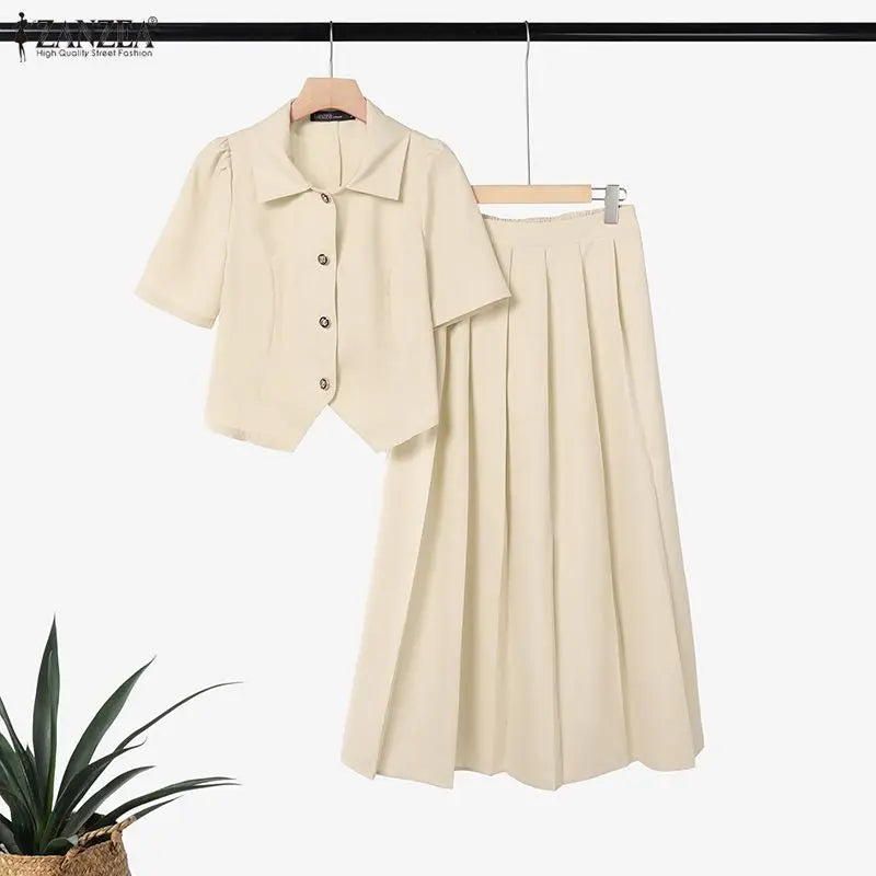 ZANZEA Women's Elegant Skirt Suits Collared Short Sleeve Shirt & Pleated Maxi Skirt 2 Pieces Sets Korean Fashion Party Outfits