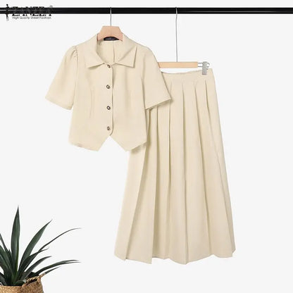 ZANZEA Women's Elegant Skirt Suits Collared Short Sleeve Shirt & Pleated Maxi Skirt 2 Pieces Sets Korean Fashion Party Outfits