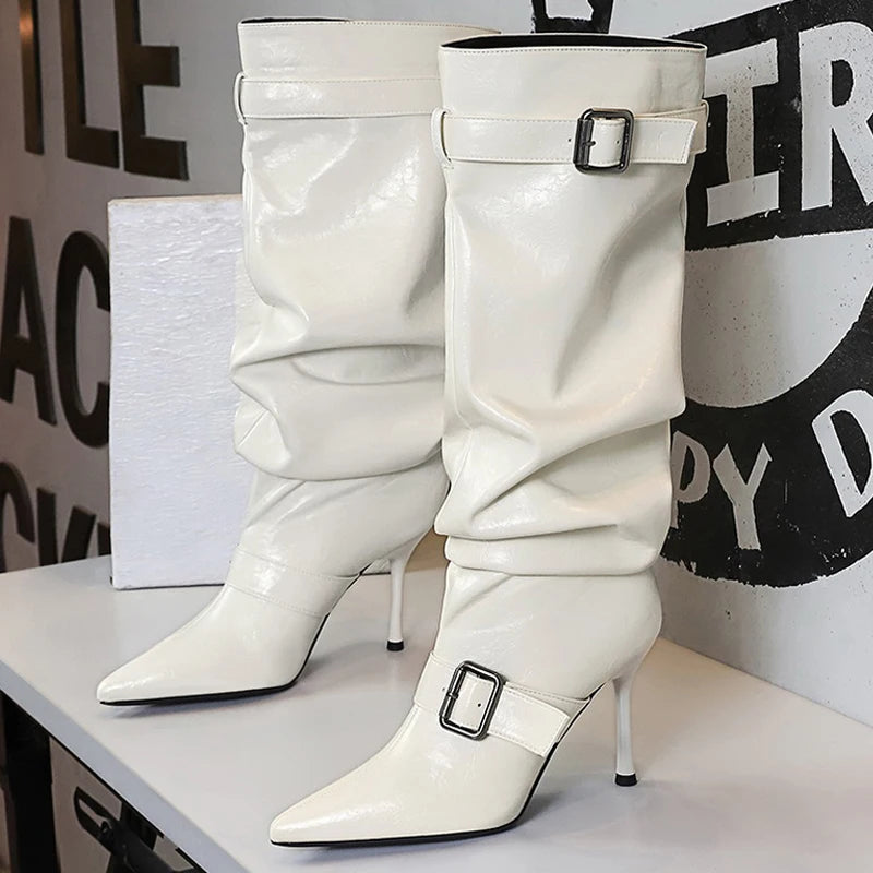 BIGTREE Shoes Sexy Stiletto Women Knee High Boots Pointed High-heeled Boots Belt Buckle Design Long Boots Pleated Leather Boots