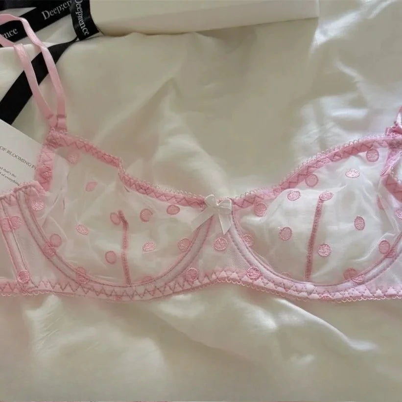 Ladies Polka Dot Lace Embroidery Bra Panty Set Soft Underwire Sheer Mesh Unlined Support Everyday Intimate Lingerie 32-38 Suit
