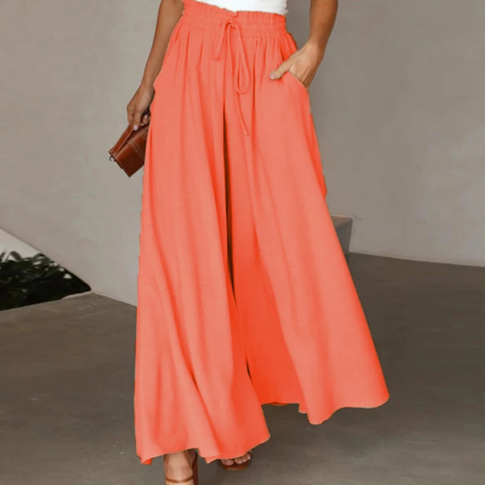 Women Summer Autumn Elegant Solid Chiffon Pants Casual Elastic Waist Wide Leg Pants Loose Straight Trouser Vacation Beach Street